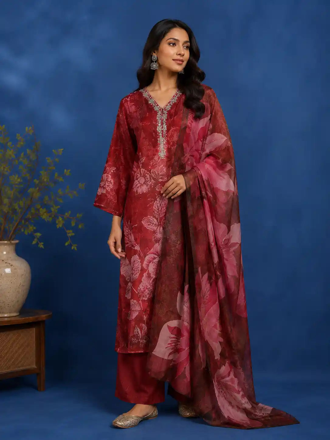 Dark Pink Floral Designed Silk Salwar Suit